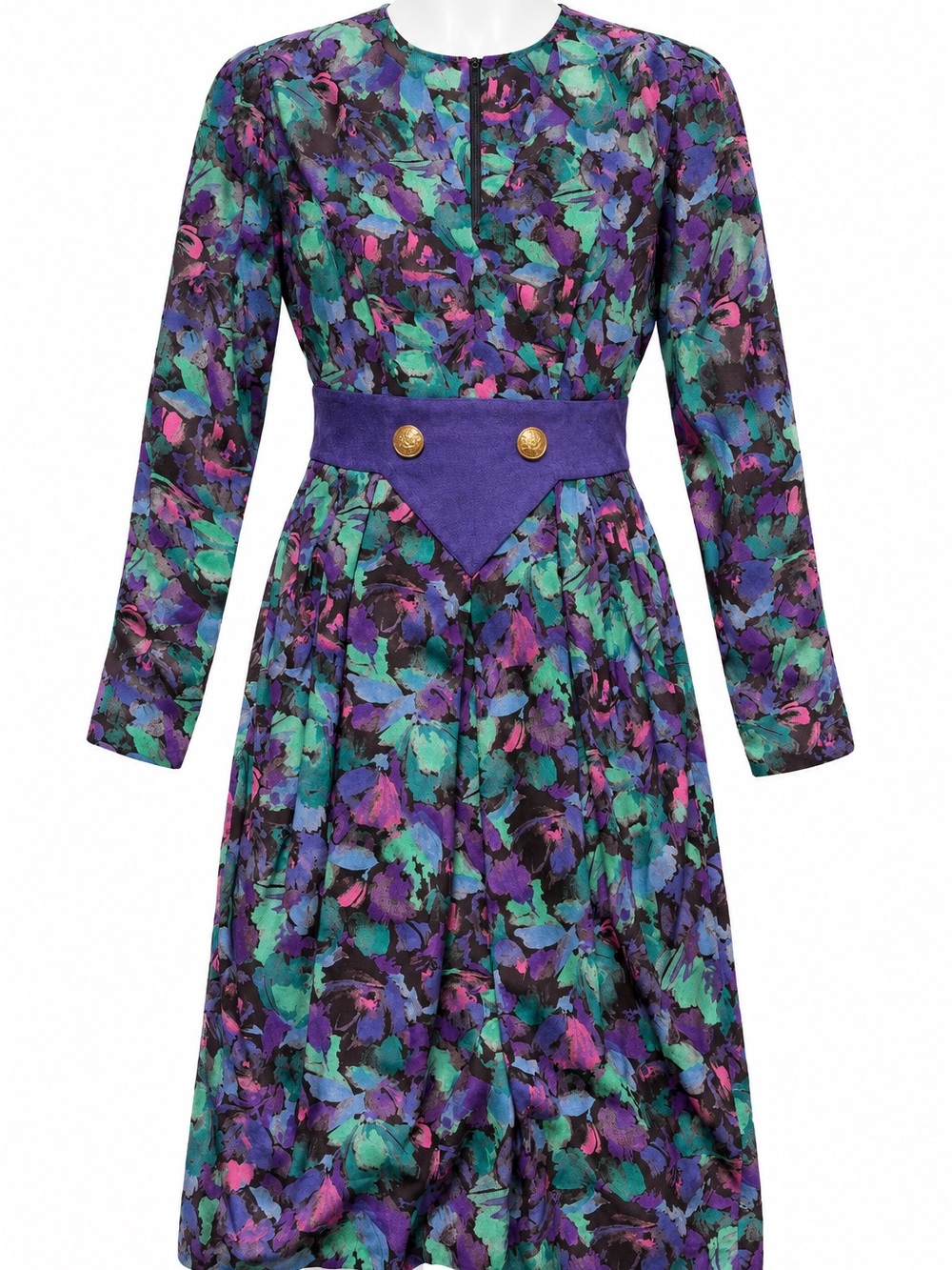 Vintage Long Sleeve Floral Print Midi Dress in Teal & Purple